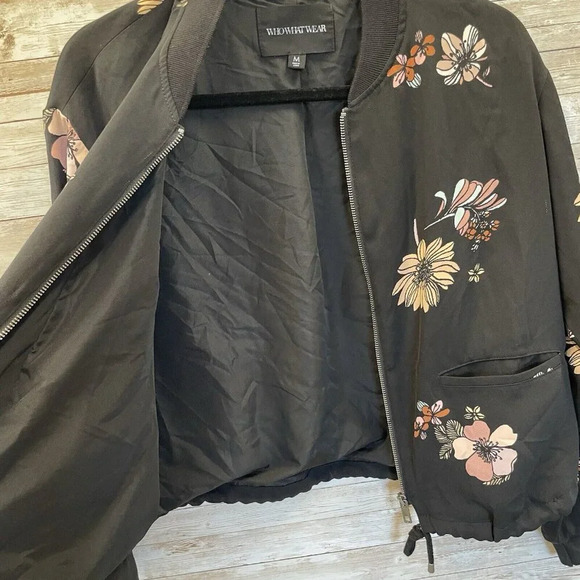 Who What Wear Womens M Jacket Black‎ Fall Floral Zipper w/ Pockets Cinch Waist - Picture 4 of 11
